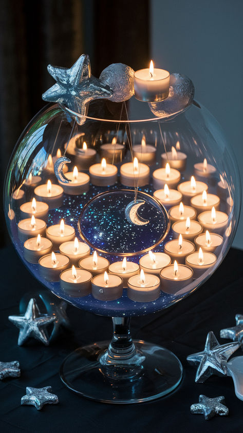 A large fishbowl style vase used for a celestial moon and stars themed wedding centerpiece. Candles and galaxial charms complete this decor idea. Moon Centerpiece Ideas Wedding, Under The Stars Quinceanera Theme Centerpieces, Celestial Flower Arrangement, Galaxy Wedding Centerpieces, Written In The Stars Wedding Theme, Full Moon Wedding Theme, Over The Moon Table Centerpieces, Velaris Wedding Theme, Galaxy Wedding Decor