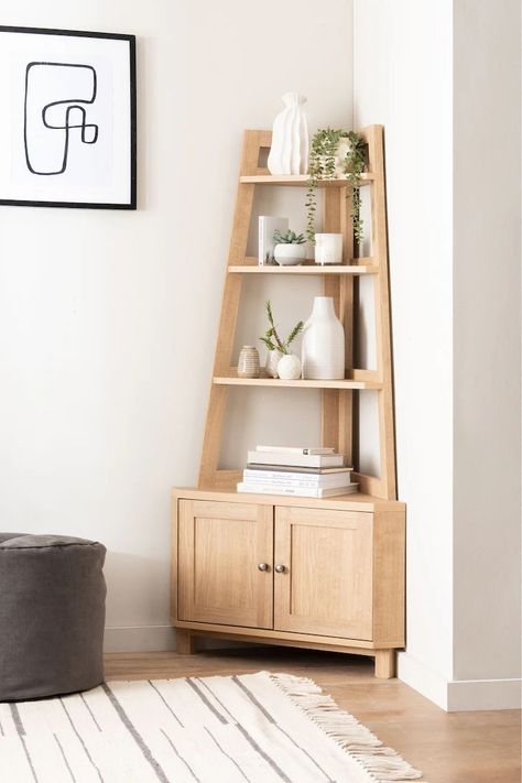 Oak Drinks Cabinet, Corner Shelving Unit Living Room, Corner Shelf Nursery, Corner Room Design, Light Oak Furniture Living Rooms, Light Wood Living Room Decor, Shelf Design Bedroom, Cute Furniture For Apartments, Small Home Ideas Space Saving