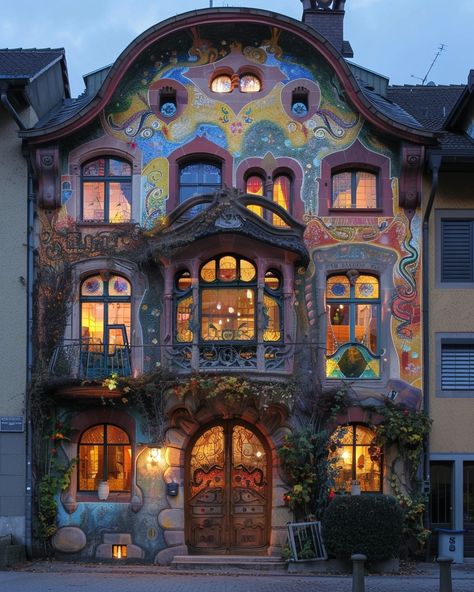 A house in the style of Art Nouveau, with intricate decorative elements and ornate windows, painted in vibrant colors like golds, blues, reds, and greens. The architecture includes whimsical shapes and curves reminiscent of the work of Gustav Klimt. It has an entrance decorated with colorful glasswork and lights that create a magical atmosphere inside. There is also some ivy growing on its walls, adding to its naturalistic charm. This home would be unique and eyecatching --v 6 Fairytale Architecture, Incredible Houses, Whimsical Architecture, Art Nouveau House, Amazing Houses, Old Abandoned Houses, Frank Gehry, Castle House, Witch Decor