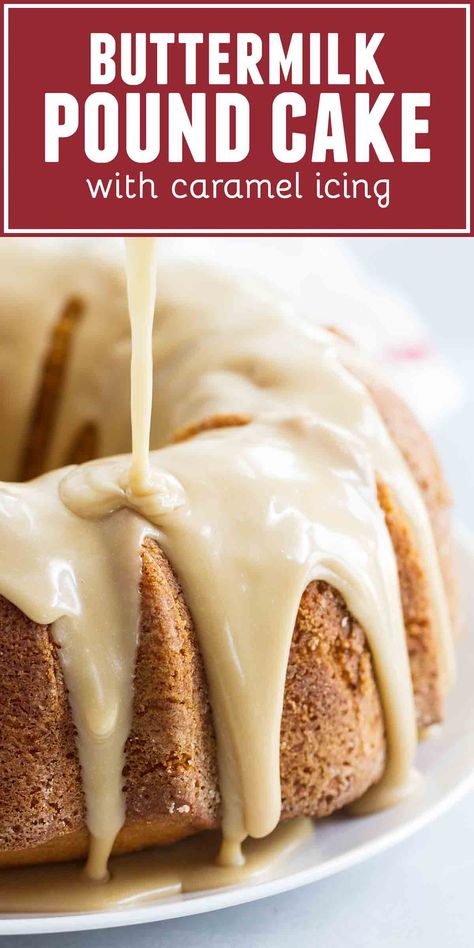 Buttermilk Pound Cake with Caramel Icing - a tender buttermilk cake is topped with a perfectly sweet caramel icing for a showstopper of a cake. Pound Cake Frosting Recipes, Pound Cake With Caramel Icing, Toppings For Pound Cake, Pound Cake Topping Ideas, Fall Pound Cake, Pound Cake Icing Recipe, Pound Cake Frosting, Icing For Pound Cake, Pound Cake Toppings