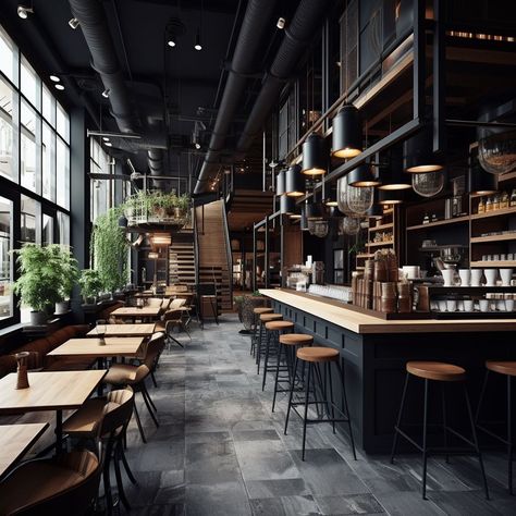 Black And Wood Coffee Bar, Black And Wood Coffee Shop, Black Cafe Design, Modern Industrial Cafe Interior Design, Black And Wood Restaurant Design, Industrial Cafe Aesthetic, Cafe And Bar Interior Design, Modern Industrial Coffee Shop, Industrial Style Restaurant Design