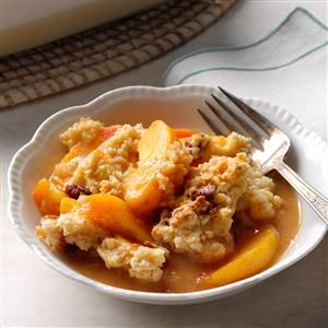 Lime & Spice Peach Cobbler Recipe -This was my grandmother’s favorite recipe to make when they had bushels of peaches. Now I love to bake it whenever I can for my family and friends. —Mary Ann Dell of Phoenixville, Pennsylvania Spiced Peaches, Grandma's Recipes, 8x8 Pan, Peach Desserts, Dessert Aux Fruits, Peach Cobbler Recipe, Homemade Apple Pies, Holiday Foods, Grandmas Recipes