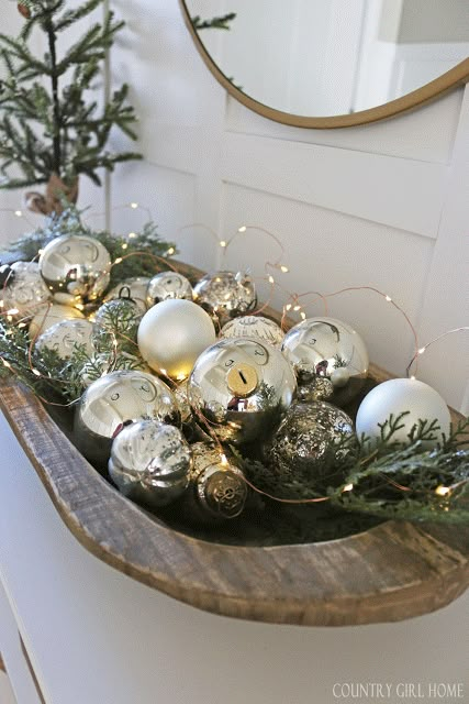 11 Ft Christmas Tree, Wood Dough Bowl Centerpiece Christmas, Dough Bowl Table Centerpiece, Ornaments In Dough Bowl, Ornaments Table Decor, Decorating Bread Bowls For Christmas, Christmas Mercury Glass Decor, Winter Bread Bowl Decor, Christmas Ornament Centerpieces Bowls