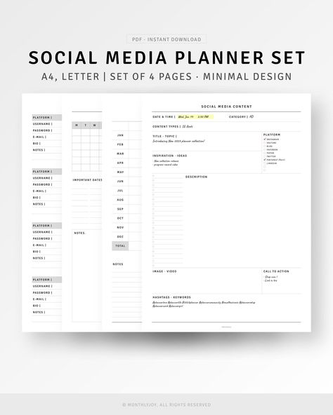 Social Media Planner A4/Letter Printable, Instagram Youtube Content Planner for Influencer, Business Follower Stats Tracker, Posting Planner | Business Printable Planner by  Willena Workman Post Planner Social Media, Social Media Planner Template Free, Social Media Content Planner Template Free, Youtube Content Planner, Instagram Post Planner, Influencer Planner, Content Planner Template, Business Planner Printables, Social Media Planner Template