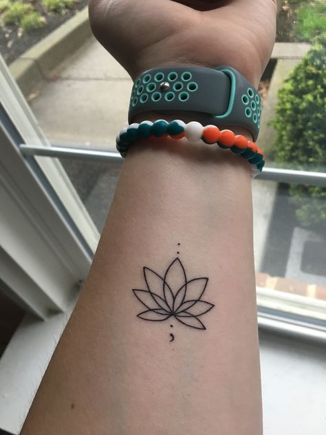 Lotus Flower Side Tattoo, Lotus Flower Tattoo With Semi Colon, Lotus Flower And Semicolon Tattoo, Semicolon Tattoo Design, Lotus And Semicolon Tattoo, Small Lotus Tattoos For Women, Semi Colon Tattoo Flower, Mini Lotus Tattoo, Flower And Semicolon Tattoo