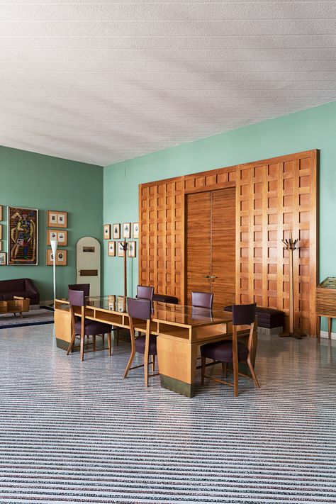 See the Incredible Interiors of Mid-Century Design Polymath Gio Ponti - 1stDibs Introspective Mid Century Italian Interior, Mid Century Cafe, Gio Ponti Interior, Warm Apartment Aesthetic, Warm Apartment, Recessed Shelves, Mid Century Interior, Italian Interior Design, Italian Interior