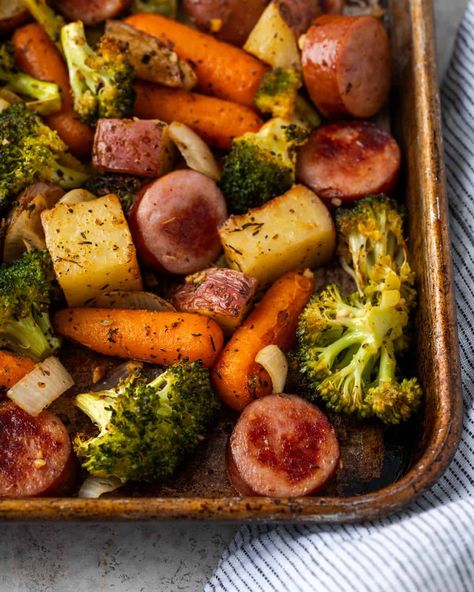 Vegetable Sheet Pan, Sheet Pan Sausage, Spicy Honey Chicken, Kielbasa And Potatoes, Roasted Potatoes And Carrots, Sheet Pan Meals Chicken, Broccoli And Potatoes, Sausage Dinner, Kielbasa Recipes