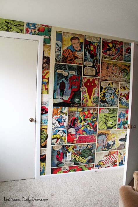 Comic Book Room Decor, Comic Room Ideas, Comic Bedroom, Comic Book Nursery, Comic Book Rooms, Comic Book Wall, Daily Drama, Comic Book Wallpaper, Book Bedroom