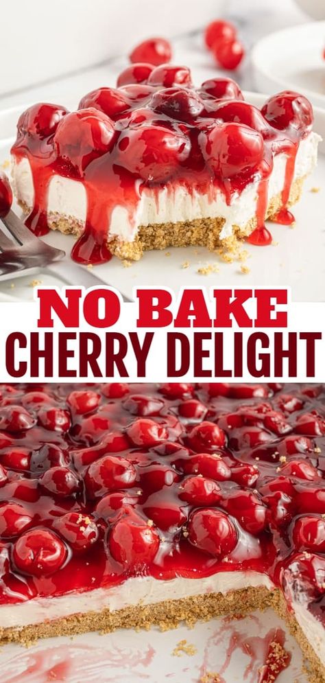 Cherry Delight is an easy no bake dessert with a graham crumb base, cream cheese and Cool Whip filling and topped with canned cherry pie filling. Cherry Delight Pie, Easy No Bake Cherry Delight, Classic Cherry Delight Dessert, Cherry O Cream Pie, Cherry Pie Cream Cheese Recipe, Cherry Breeze Dessert, No Bake Cherry Delight 12 Tomatoes, No Bake Whipped Cream Dessert, Cherry And Cream Cheese Pie