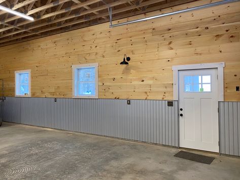 Inexpensive Shop Walls, Tongue And Groove Garage Walls, Shiplap Wall Garage, Shiplap Garage Interior, Garage Makeover Living Spaces Man Caves, Shiplap In Garage, Corrugated Metal Wall Garage, Shop Walls Interior, Pole Shed Interior Ideas