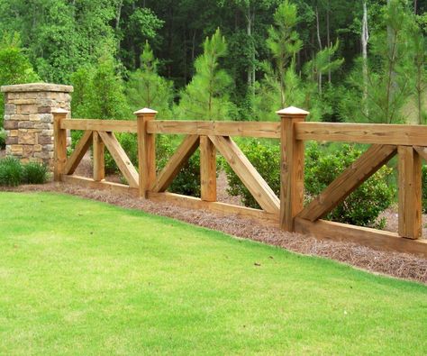 Custom ranch rail / horse fence | Mossy Oak Fence Company, Orlando & Melbourne, FL Ranch Fencing, Wood Fence Design, Country Fences, Horse Fencing, Driveway Entrance, Front Fence, Front Yard Fence, Cedar Fence, Farm Fence