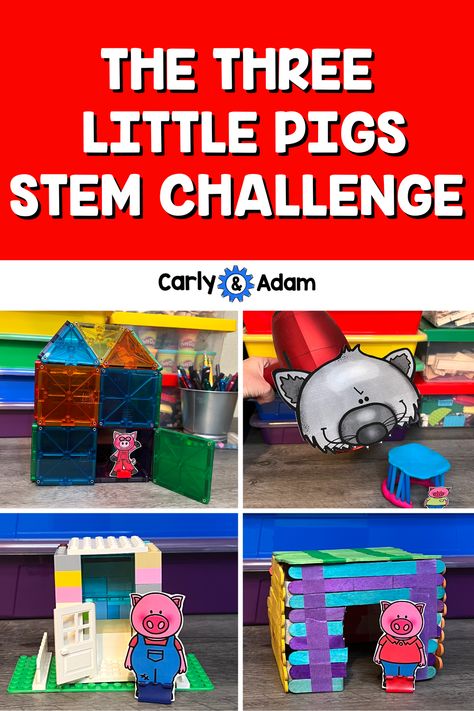 STEM Challenges for the 3 Little Pigs Fairy Tale Engineering encouraging students to build miniature houses from plastic straws, popsicle sticks, LEGO bricks, glass (magnetic tiles), scraps (index cards, toilet paper rolls, and tape), and concrete (cardboard and tape). 3 Little Pigs Stem Challenge, Three Little Pigs Stem Challenge, Stem Family Night, Fairy Tale Stem Activities, Fairy Tale Science, 3 Little Pigs Activities, Fairy Tales Preschool Activities, Fairy Tale Stem, Fairy Tales Preschool