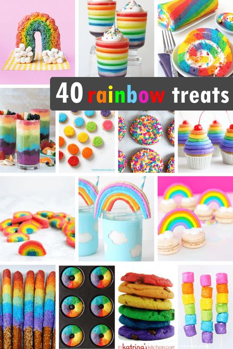 40 RAINBOW FOOD IDEAS: A roundup of rainbow treats and sweets for your rainbow party, unicorn party or St. Patrick's Day. #rainbowfood #rainbowtreats #rainbowparty Rainbow Food Ideas, Treats And Sweets, Rainbow Themed Birthday Party, Rainbow Desserts, Rainbow Treats, Rainbow Unicorn Party, Rainbow Parties, Rainbow Food, Unicorn Foods