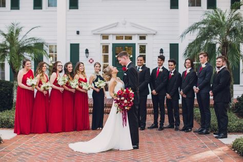 bridal party attire in red black and white Red And Black Bridal Party, Red Table Centerpieces, Black And Red Bridesmaid Dresses, Black Groom And Groomsmen, Black Wedding Ceremony, Black Red And White Wedding, Red White And Black Wedding, Red Bridal Party, Black White Red Wedding