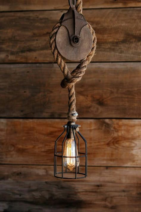 Pulley Pendant Light, Rustic Industrial Lighting, Diy Industrial Lighting, Wood Wheel, Manila Rope, Cage Light, Industrial Ceiling Lights, Rustic Pendant Lighting, Barn Decor