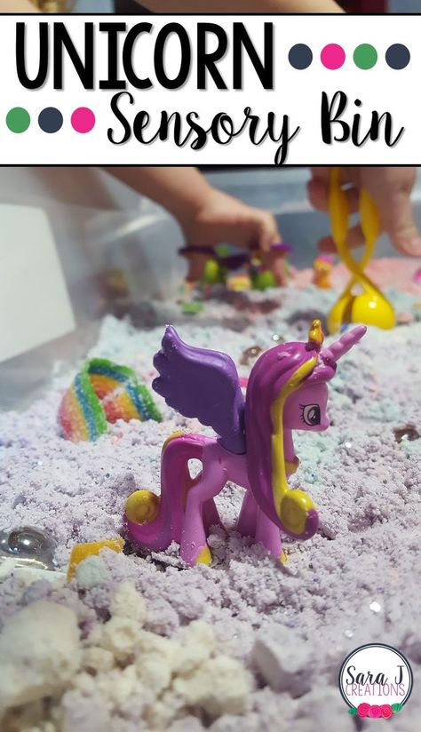 Unicorn sensory bin with colored cloud dough.  Perfect for fine motor and alphabet practice for toddlers and preschoolers. Unicorn Activities, Farm Sensory Bin, Kindergarten Sensory, Cloud Dough, Preschool Homeschool, Alphabet Practice, Fun Invitations, Tuff Tray, Sensory Table