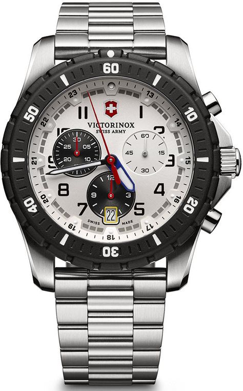 Victorinox Swiss Army Watch Maverick Sport Chronograph #bezel-unidirectional #bracelet-strap-steel #brand-victorinox-swiss-army #case-material-steel #case-width-43mm #chronograph-yes #classic #date-yes #delivery-timescale-call-us #dial-colour-silver #gender-mens #movement-quartz-battery #official-stockist-for-victorinox-swiss-army-watches #packaging-victorinox-swiss-army-watch-packaging #style-sports #subcat-maverick #supplier-model-no-241681 #warranty-victorinox-swiss-army-official-3-year-g... Victorinox Swiss Army Watches, Swiss Watches For Men, Victorinox Watches, Mens Designer Watches, Army Watches, Swiss Army Watches, Mens Chronograph, Victorinox Swiss Army, Army Men