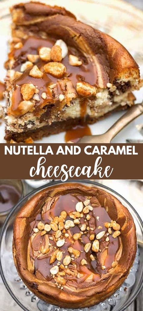 Prepare this delicious Nutella and salted caramel cheesecake the day before you serve it to allow it to set completely in the fridge. One Pot Salted Caramel Cheesecake, Toffee Caramel No Bake Cheesecake, Nutella Baked Cheesecake, Nutella Topping For Cheesecake, Cheesecake Recipes Salted Caramel, Cheesecake Nutella, Hazelnut Cheesecake Nutella, Best Easy Dessert Recipes, Salted Caramel Cheesecake