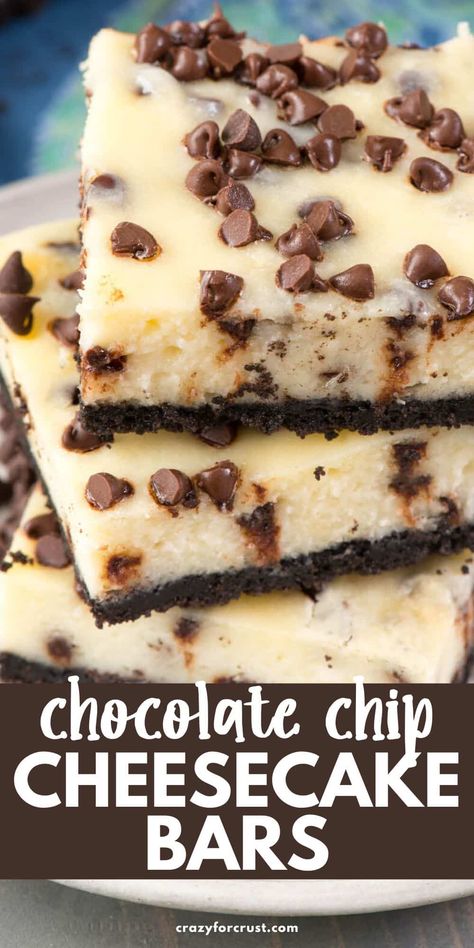 Perfect Chocolate Chip Cheesecake Bars are thick and creamy and really are the perfect cheesecake recipe with Oreo crust made in a 9x13 pan! These are so good - everyone loves how much chocolate there is! Baked Cheesecake In 9x13 Pan, Chocolate Chip Cream Cheese Pie, Cheesecake In A Pan, Cake Pan Cheesecake, Oreo Chocolate Chip Cheesecake Bars, Chocolate Cheesecake Bars 9x13, Sheet Pan Cheesecake Bars, 13 X 9 Cheesecake Recipes, Cheesecake Recipes 9x13 Pan