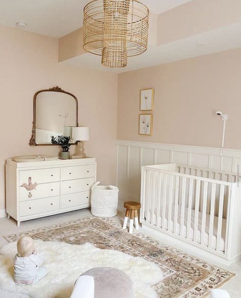 Blush Pink Nursery Walls, Pale Peach Nursery, Light Peach Nursery, Nursery With Pink Walls, Pink White Natural Wood Nursery, Sashay Sand Sherwin Williams Nursery, Blush And Cream Nursery, Blush Pink And Gold Nursery, Neutral Pink Nursery Ideas