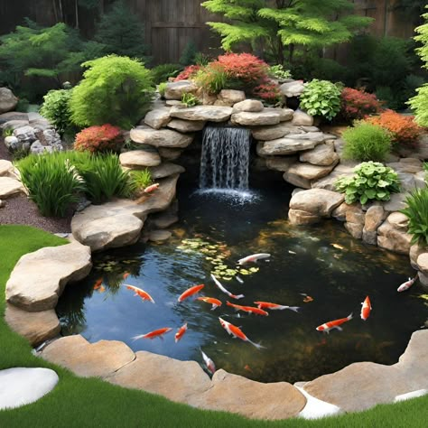 Who wants a koi pond? Call us today for a free consultation and quote at 330-833-FROG (3764) and make your #waterfallwednesday a reality. 35 years of experience! #pond #koi #waterfall Waterfall Fish Pond, Koi Pond Design Ideas, Koi Pond Design Small Gardens, Small Coy Pond, Home Koi Pond, Modern Pond Ideas, Coy Pond Ideas Backyards, Small Koi Pond Ideas, Pond In Garden