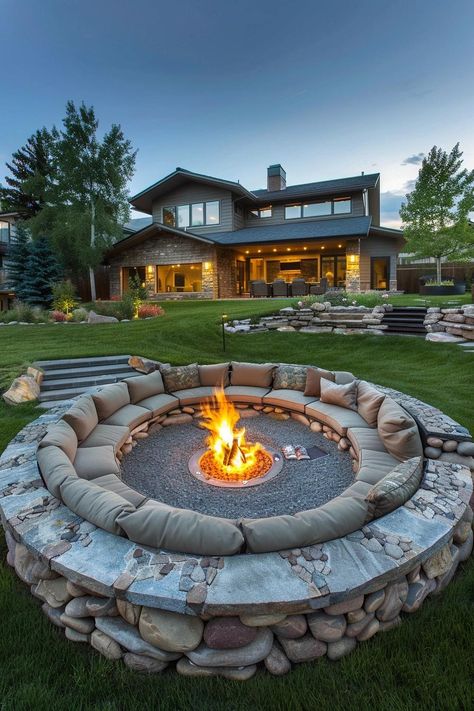 DIY Fire Pit Ideas for Cozy Backyard Evenings Fire Pit Luxury, Outdoor Pit Ideas, Fire Pit And Patio Ideas, Big Yard Ideas, Underground Fire Pit, Fire Pit Ideas Backyard Diy, Outdoor Patio Ideas With Fireplace, Patio Design With Fire Pit, Family Backyard Ideas