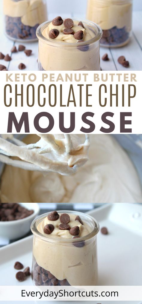 Keto Chocolate And Peanut Butter Dessert, Chocolate Chip Mousse, Keto Sweet Tooth, Keto Sweet Tooth Craving, Keto Moose, Healthy Sweet Tooth Cravings, Peanut Butter Chocolate Mousse, Keto Peanut Butter Mousse, Chocolate Chip Vanilla Mousse