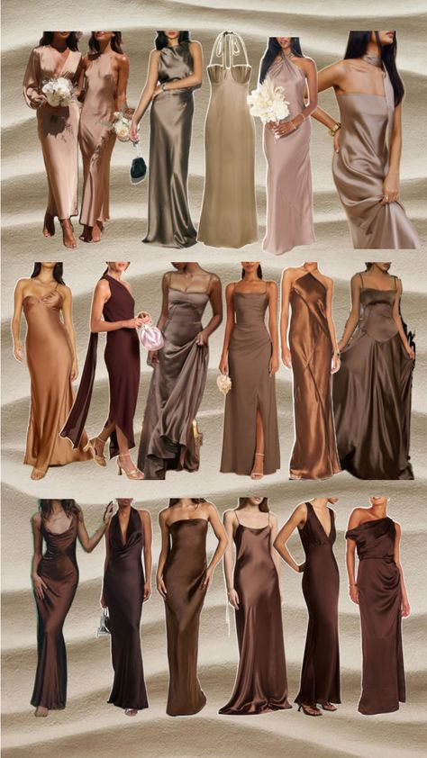 Mocha Bridesmaid Dresses, Chocolate Bridesmaid Dresses, Brown Wedding Themes, Brown Bridesmaid Dresses, Neutral Bridesmaid Dresses, Dress Code Wedding, Bridesmaid Colors, Stunning Prom Dresses, Brown Wedding