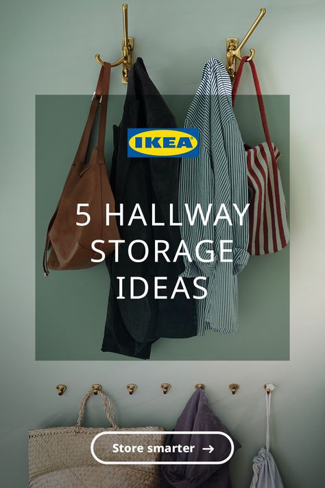 Make sure there’s enough hallway storage for the whole family with ideas for narrow entrance halls that have a stylish look. Hallway Bag Hooks, Hallway Ideas Coat Storage, Hallway Hook Ideas, Family Entrance Hall Ideas, Hallway Coat Hook Ideas, Narrow Entryway Ideas Storage, Narrow Hall Storage, Small Entrance Storage Ideas, Narrow Hallway Coat And Shoe Storage