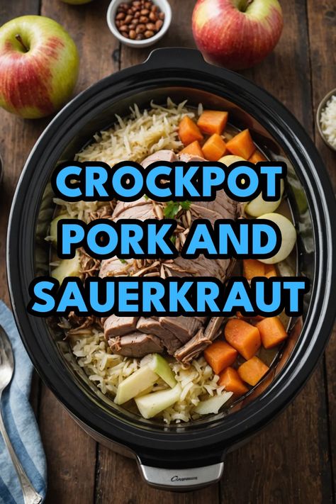 A photo of a  Crockpot Pork and Sauerkraut which is a type of Crockpot Pork Pork Loin And Sauerkraut Crockpot, Pork Roast And Sauerkraut Crockpot, Pork Chops And Sauerkraut Crockpot, Pork And Sauerkraut Crockpot, Crock Pot Pork Shoulder Recipes, Crockpot Pork Recipes, Pork Roast With Sauerkraut, Crockpot Pork And Sauerkraut, Recipes For Crockpot