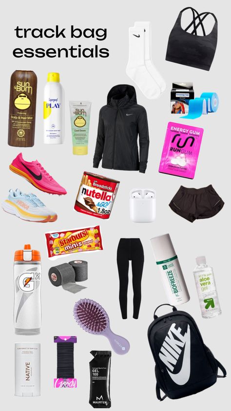 Track essentials #trackandfield #track #trackessentials Sports Bag Essentials, Track Workout Training, Track Bag, Track Uniforms, Dance Class Outfit, Track Outfits, Track And Field Sports, Coach Outfits, Track Runners