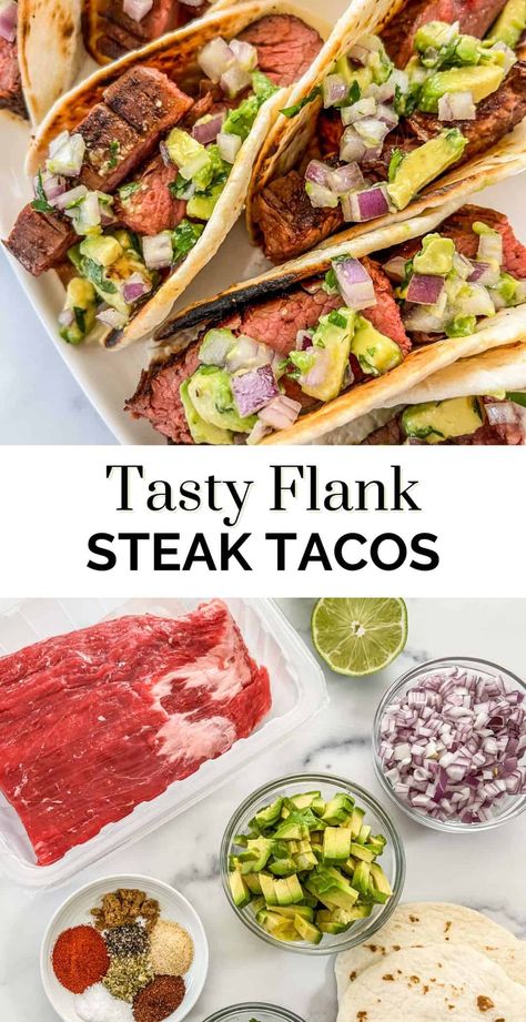 These delicious grilled flank steak tacos are the BEST steak tacos! They're tender, juicy, and robustly flavored with a seasoning mix and topped with a cilantro onion and avocado salsa. Authentic Mexican Street Tacos Steak, Sirloin Steak Recipes Mexican, Flank Steak For Tacos, Steak Tacos Seasoning, Sirloin Tip Steak Tacos, Steak Tacos Air Fryer, Flat Iron Steak Tacos Recipes, Mexican Steak Seasoning, Flank Steak Sheet Pan Dinner