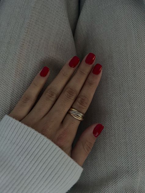 red nails - red - nails - cartier ring - ring - trinity ring - classic ring - low exposure - red nail theory - fall - fall nails Cartier Trinity Ring Stack, Red Ring Aesthetic, Cartier Ring Aesthetic, Trinity Cartier, Expensive Girl, Red Nail Theory, Ring Styling, Nail Theory, Cartier Trinity Ring