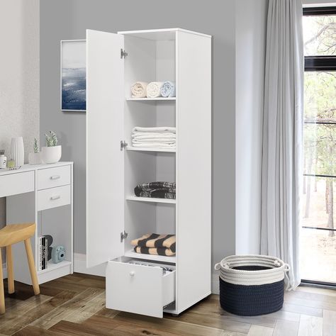 Tavish Single Door Wardrobe Armoire Closet with Adjustable Shelves, White Wood - Walmart.com - Walmart.com Single Cupboard Design, Storage Closet Shelving, Single Door Wardrobe, Simple Furniture Design, Armoire Closet, Wooden Wardrobe Design, Armoire Storage, Single Wardrobe, Shelves White