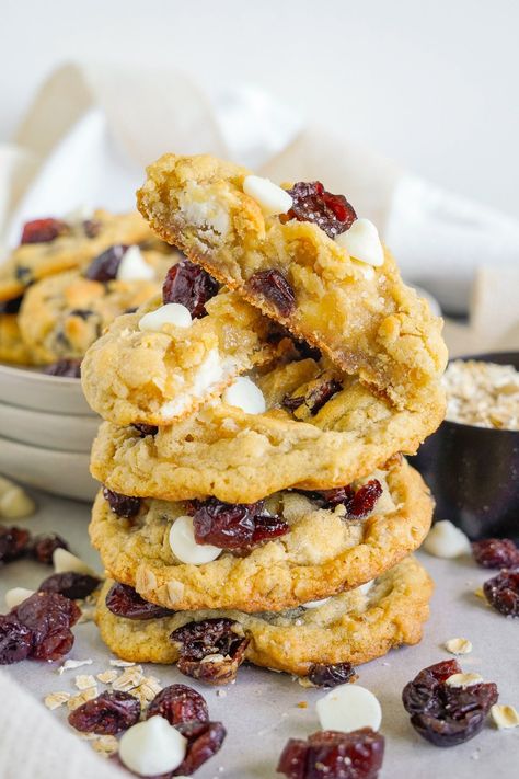 These White Chocolate Cranberry Cookies have a beautiful balance of flavors. The sweetness of white chocolate combined with the tartness of dried cranberries creates an irresistible cookie. White Chocolate Chip Cranberry Oatmeal, Chewy White Chocolate Cranberry Cookies, White Chocolate And Cranberry Cookies, Cranberry And White Chocolate Cookies, Cranberry Macadamia Nut Cookies, Cookies With Dried Cherries, Cranberry White Chocolate Cookies, Hot Chocolate Cookie Recipes, Fall Bake Sale