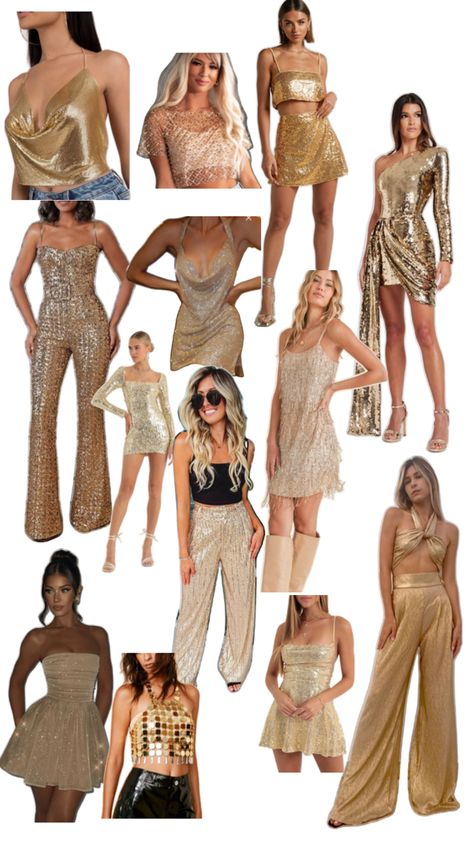 Bachelorette theme night - all that glitters is gold Bachelorette Theme Night, Bachelorette Night Out Outfit Themes, Glitz And Glam Outfit Ideas, Glitz And Glam Outfit, Glam Party Outfit, Glam Christmas Party, Bachelorette Outfit Themes, Gold Theme Party, Gold Bachelorette Party