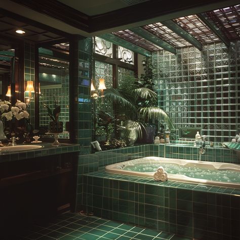 70s/80s House Interior, 1980s Bathroom Aesthetic, 80s Interior Design Bathroom, 1980s Home Aesthetic, Green Tub Tile, 70 House Interior, 70s Miami Interior, Vintage Luxury Interior, Unique House Layouts