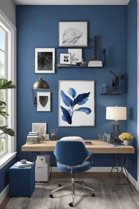 Experience the soothing harmony of Blue Note (2129-30) through the best color combinations of 2024, designed for daily interior routines with musical inspiration. #Ad #homedecor #homedesign #trendgirlApartment #Painthome #interiorarchitecture Wall Colors Green Room Colors Bright Room office Colors Apartment Renovation Home office Remodeling Modern Paint Colors 2024 Studio Room Color Ideas, Blue Accent Office, Fun Office Colors, Home Office Ideas Blue, Office Blue Design, Blue Wall Office Ideas, Blue Office Aesthetic, Blue Accent Wall Office, Green And Blue Office