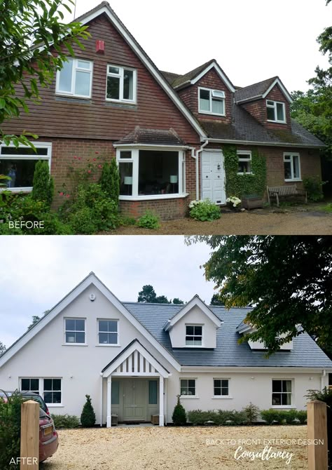 This 1960's home has been renovated inside and out. To create kerb appeal, the original tile hanging, roof covering and UPVC windows were removed.   A new entrance and porch was designed to balance the house and new timber windows and doors have been installed to create warmth and charm.   To see more on this project, please visit our website www.backtofrontexteriordesign.com Bungalow Front Renovation, 1960s Exterior Remodel, 1960s Renovation House, House Rendering, House Exterior Makeover, Cladded House Exterior, 70s House Exterior Makeover Uk, House Rendering Ideas, House Facelift Exterior Uk