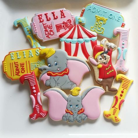 Dumbo Theme Cookies Dumbo Baby Shower Theme, Dumbo Cake, Circus Birthday Cake, Dumbo Birthday, Dumbo Birthday Party, Theme Cookies, Circus Theme Party, Carnival Themed Party, Elephant Birthday