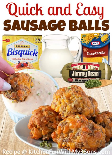 These easy-to-make Sausage Balls are perfect for a grab-and-go breakfast or even as an appetizer or hearty afternoon snack. Sausage, cheese, biscuit mix, chives, and milk are all you need to whip up a batch of this savory treat!