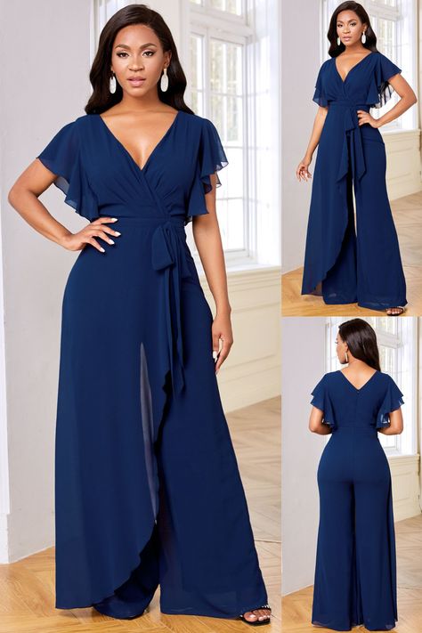 Effortlessly elegant in chiffon! This jumpsuit features a flattering V-neckline, short flutter sleeves, and a wide-leg silhouette. Perfect for summer soirées and special occasions. 🌟 #Fashionista #ChiffonStyle #Elegance Jumpsuit Elegant Formal, Outfits Jumpsuit, Fashion Trends Fall, Classy Jumpsuit, Chiffon Jumpsuit, Fiesta Outfit, Sassy Outfit, African Fashion Traditional, Jumpsuit Dressy