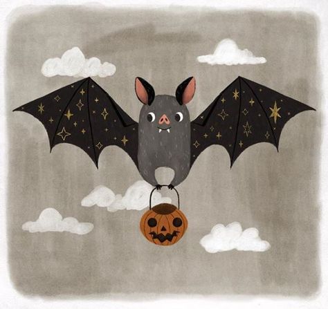 Cute Bat Illustration, Halloween Illustration Cute, Fall Illustration Art, Annya Marttinen, Cute Halloween Illustration, Paintings Halloween, Halloween Art Drawing, Art Print Quotes, Ghost Artwork