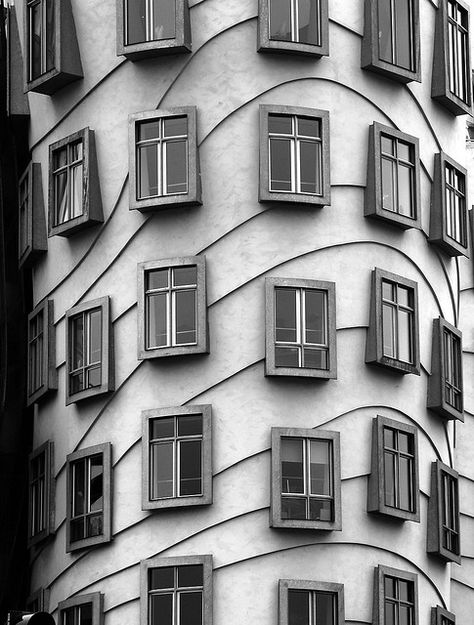 The Dancing House, Unique Windows Architecture, Contrast In Architecture Building, Spiderweb Architecture, Frank Gehry Dancing House, Structural Expressionism Architecture, Dancing House, Santiago Calatrava, Frank Gehry