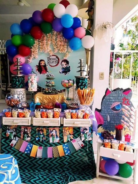 Demon Slayer Birthday Party Decorations, Demon Slayer Party Decorations, Demon Slayer Themed Birthday Party, Demon Slayer Birthday Party Ideas, Demon Slayer Birthday Party, Nezuko Birthday, Demon Slayer Party, 15th Birthday Party Ideas, Anime Birthday