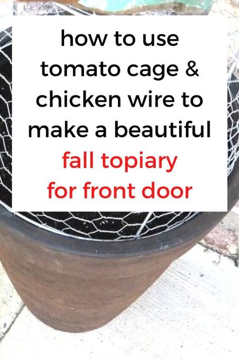 Decorate your front porch for fall and thanksgiving on a budget with this gourd topiary made from chicken wire and tomato cage. Quick and easy diy fall topiary decoration. #diy #falltopiary #frontporch #decorations #thanksgiving Topiary Frames Diy How To Make, Fall Pumpkin Topiary Diy, Topiary Front Door, Fall Topiary Diy, Thanksgiving On A Budget, Porch Topiary, Pumpkin Topiary Diy, Fall Topiary, Tomato Cage Crafts