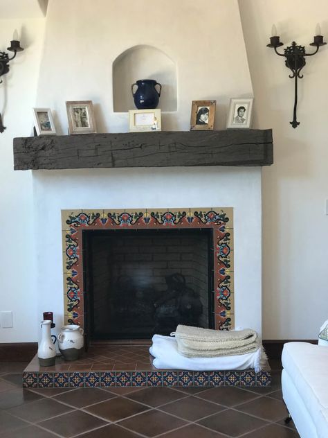 Fireplace Ideas Spanish Style, Fireplace Tile Edge, Spanish Inspired Fireplace, Fireplace Makeover Spanish Style, Mexican Tile Fireplace Surround, Saltillo Tile Fireplace, Fireplace With Spanish Tile, Southwest Tile Fireplace, Hacienda Fireplace Ideas