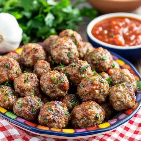 Mini Meatballs with Dipping Sauce Recipe Mini Meatballs Recipe, Meatballs With Marinara Sauce, Marinara Dipping Sauce, Party Food Meatballs, Meatball Sandwich Recipes, Homemade Meatballs Recipe, Meatball Appetizer Recipe, Homemade Appetizer, Mini Meatballs