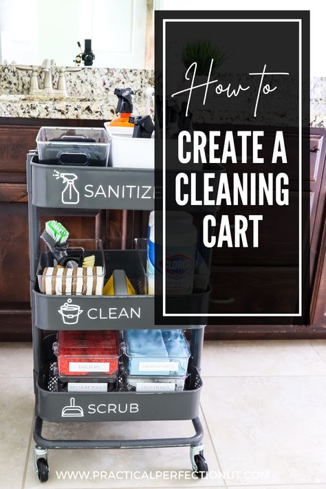 Create a cleaning cart to make cleaning easier! Organisation, Mobile Cleaning Cart, Cleaning Cart Organization, Cleaning Cart Ideas, Cleaning Caddy Ideas, Cart Organization Ideas, Cleaning Caddy Essentials, Organize Cleaning Supplies, Cleaning Trolley