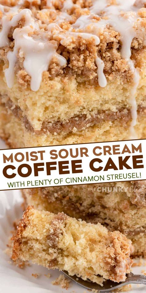 My favorite Sour Cream Coffee Cake is ultra moist and buttery, with a cinnamon streusel layer in the middle and on top, and drizzled with a sweet glaze. #coffeecake #crumbcake #sourcream #baking #breakfast #dessert #cinnamon #streusel #brunch Coffee Cake Cinnamon, Cake Cinnamon, Breakfast Coffee Cake, The Chunky Chef, Chunky Chef, Coffee Cake Recipes Easy, Bakery Goods, Cinnamon Coffee Cake, Cinnamon Streusel